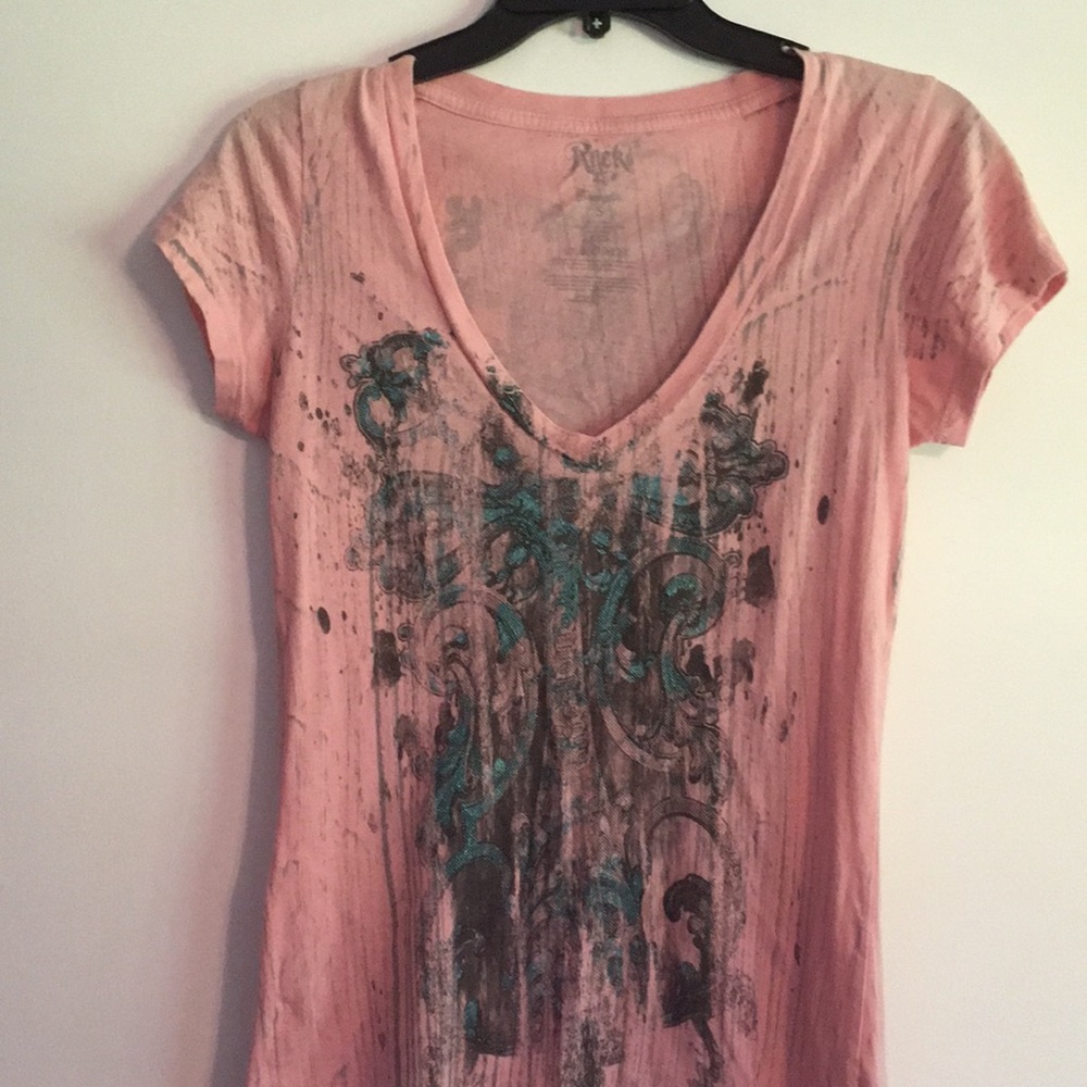 Pink V Neck t-shirt Rock 47 Wrangler